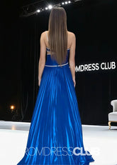 Roberta |Long Royal Blue Metallic Prom Dresses Websites With One Shoulder A - Line Pleated Cut - out Slit - Price #price_variant_lowest# - Royal Blue - PromDressClub